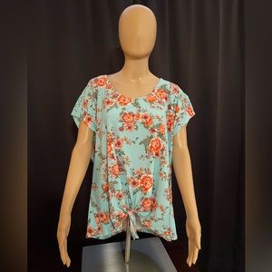 Lace accent blouse. Blue green with flowers. Soft blouse. 2x